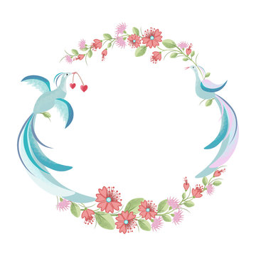 Floral wreath with two blue stylized birds. Vector illustrations with flowers, leaves, hearts, peacocks, birds of paradise. Valentines day background. Design for wedding invitation, decoration, card