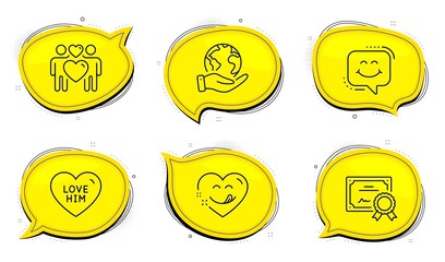 Yummy smile sign. Diploma certificate, save planet chat bubbles. Love him, Love couple and Smile chat line icons set. Sweetheart, Lovers, Happy face. Comic heart. Holidays set. Vector