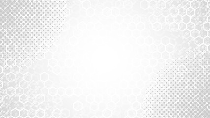 Abstract White Vector Background. Halftone Texture with Hexagons. Polygon Pattern. Gray Gradient Backdrop. Presentation, cover, print, banner, poster, brochure Template. Dot Pattern. Geometric Style