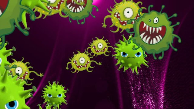 Evil cells of coronavirus bacterium, characters emoji of covid 19 virus. SARS, MERS animation illustration particles floating.