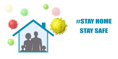 Coronavirus protection. Stay home. Silhouettes of people inside the house and viruses around.