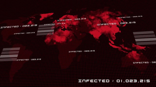 Coronavirus Covid virus outbreak spreading around the world disease spreading world map 3D animation infected counting number warning alert sign in hazard red background