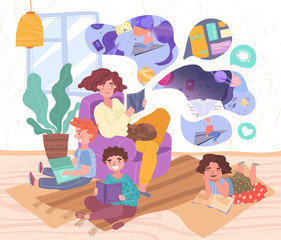 Young mother with her three small children and pet cat relaxing in the living room reading books together in a colorful vector illustration