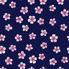 Pink florets pattern on dark blue. Watercolor seamless. Ideal for packaging products, scrapbooking, party design, invitations, congratulations
