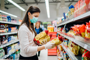Buyer wearing a protective mask.Shopping during the pandemic quarantine.Nonperishable smart...