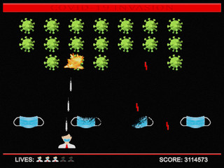 concept of covid-19 pandemic virus fighted in retro game