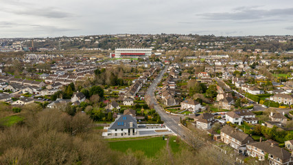 Fototapeta premium Beautiful scene amazing view aerial drone landscape Cork Ireland urban city center area irish landmark 