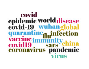 Word tag cloud related to the health crisis caused by the covid-19 virus, isolated on white with colorful words.