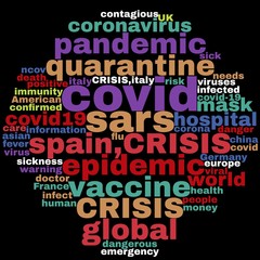 Coronavirus word tag cloud over covid19, stylish letters with black background.