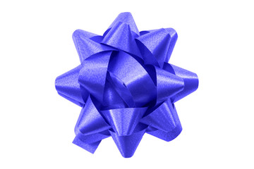 Shining anniversary gift and present decorating silky ornament concept with dark blue sleek polished glossy bow isolated on white background clipping path cutout