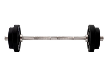 Train with heavy weights, weightlifting exercising and build muscle through resistance training concept with a single barbell with black disc isolated on white background with clipping path cutout