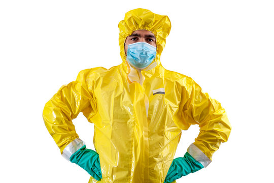 Personal Protective Equipment Or PPE, Viral Sickness And Protect From Radioactive Radiation Concept With Doctor In Hazmat Suit And Surgical Mask Isolated On White Background With Clipping Path Cutout