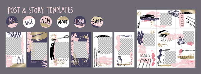 Editable layout templates for social media posts and stories, mobile apps, banner or flyer design. Puzzle textured background with cosmetics and make up brush strokes 