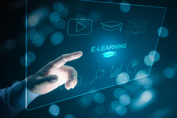 Hand touching on virtual screen E-learning Education Internet Technology Webinar Online Courses...