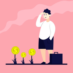 Man watches coins grow on plants. Color flat cartoon illustration