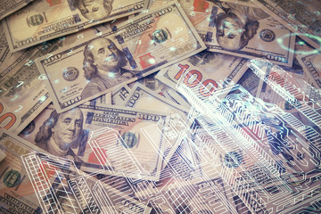 Double exposure of town drawing over usa dollars bill background. smart city concept.