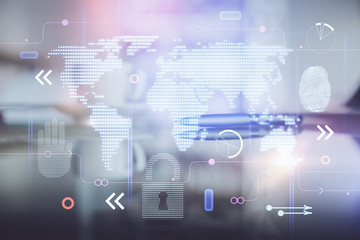 Double exposure of world map drawing over coffee cup background in office.