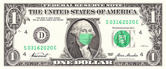 Fototapeta na wymiar US Dollar bill George Washington wearing surgical Mask COVID-19, Coronavirus, Pandemic, Health and Economic Crisis. Economy