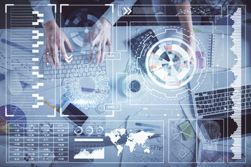 Double exposure of man and woman working together and data theme hologram drawing. Computer background. Top View.