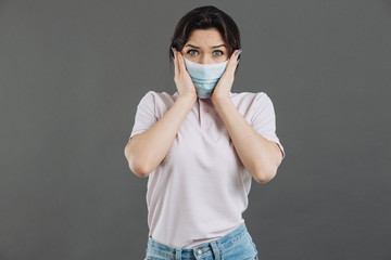 Woman in medical protective mask shows fear of coronavirus