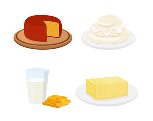 Vector milk products, cheese, sour cream, milk and butter