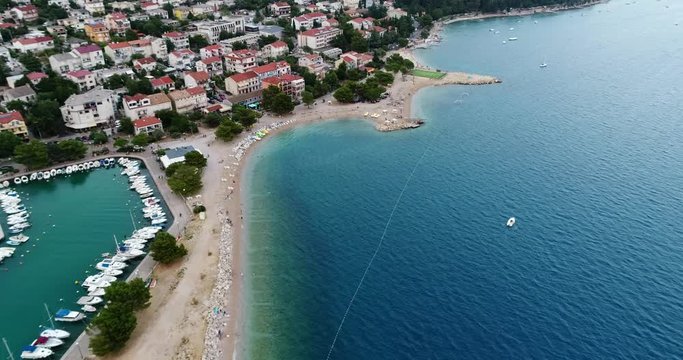 Aerial view: Flight over Crikvenica city and Adriatic Sea in Croatia. Adriatic sea. 4k. 50fps