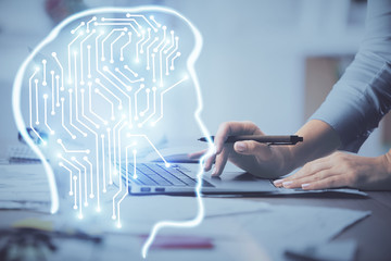 Multi exposure of woman hands working on computer and brain hologram drawing. Ai concept.