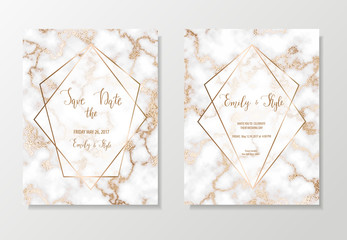 Marble gold background with geometric frame. 