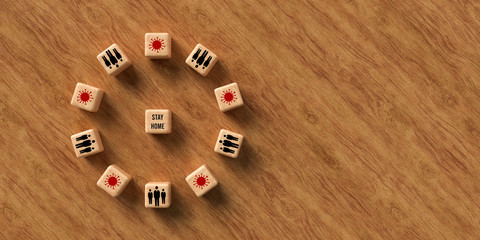 wooden blocks with text HOME OFFICE and virus symbols on wooden background