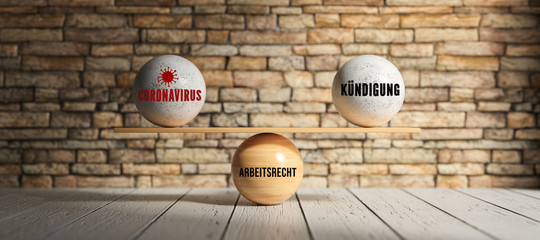 wooden scale balancing spheres with German words for CORONAVIRUS, CANCELLATION and LABOR LAW in...