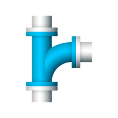 Fototapeta premium Blue sweeping branch pipe connected to metallic side socket and upper and lower ends, shaded icon for plumbing fittings, smooth water flow transitions, branch line assembly and pipeline installation