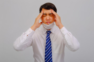 Businessman wears medical masks with fever checking his temperature is a viral disease contagious feel pain in their head on gray background, corona virus concept, covid19 concept, medical concept