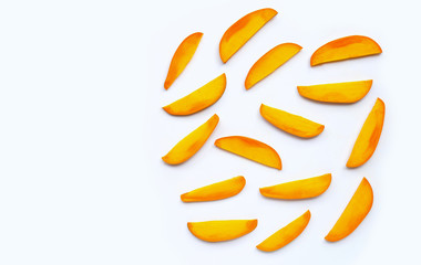 Tropical fruit, Mango fruit slices on white background.