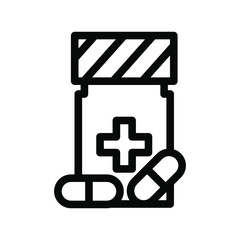 Medicine bottle icon , medical science profesional vector , template logo design emblem isolated illustration , outline solid background white