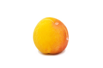 Ripe organic apricot in dew drops isolated on white background	