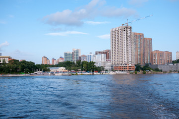 Russia, Khabarovsk, August 2019: River station on the Bank of the Amur river in the city of Khabarovsk in the summer