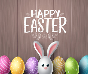 Happy easter vector background design. Happy easter text in wood textured space for text with colorful egg patterns and cute bunny rabbit in wooden background. Vector illustration. 