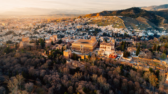 Famous spanish monument,the Alhambra palace aerial view.Fortress located Granada,Andalusia,Spain.UNESCO World Heritage Site in Spain.Arabic architectural attraction in Granada