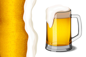 Mug of light beer with a foam head on a white background