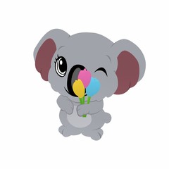 Illustration of Koala Close Their One Eye and Hold Tulips Cartoon, Cute Funny Character, Flat Design