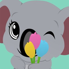Illustration of Koala Close Their One Eye and Hold Tulips Cartoon, Cute Funny Character, Flat Design