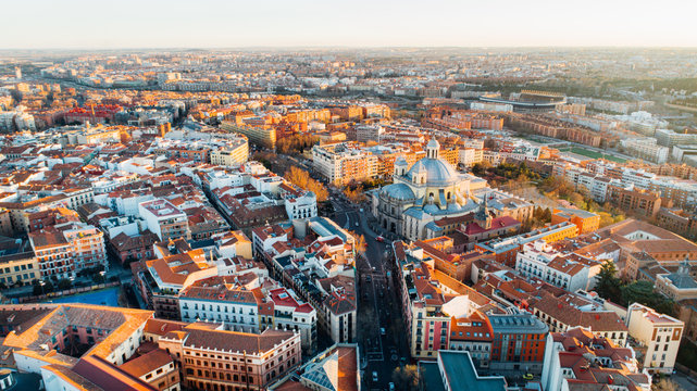 Aerial view of Madrid, vivid La Latina district at sunset. Architecture and landmark of Madrid. Cityscape of Madrid. Neighborhoods in capital city of Spain