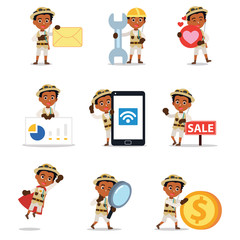 Set character of man safari hunter with the rifle shooting equipment.