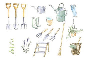 ガーデニング　水彩イラストセット