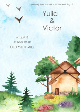 Watercolor card template frame with mill and trees for wedding invitation