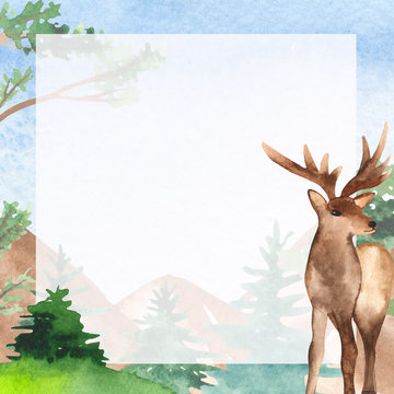 Watercolor card template frame with mountain landscape and deer