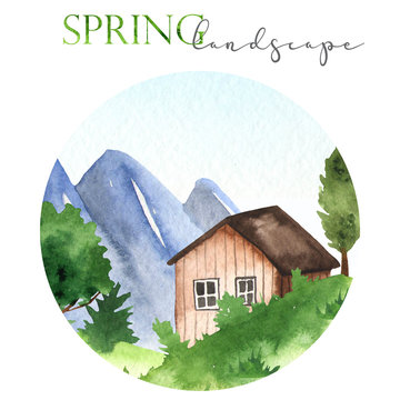 Watercolor card template with mountain landscape and a house