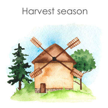 Watercolor card with cute windmill, tree, spruce, meadow.