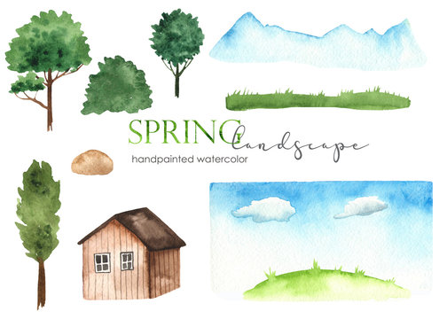 Watercolor set of spring landscape with mountains, trees, sky, house, grass