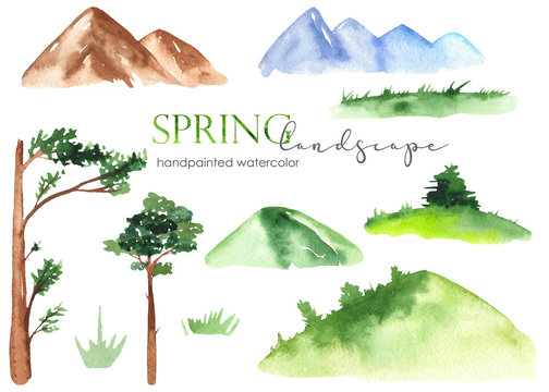 Watercolor spring landscape set with mountains, pine, tree, meadow, grass
